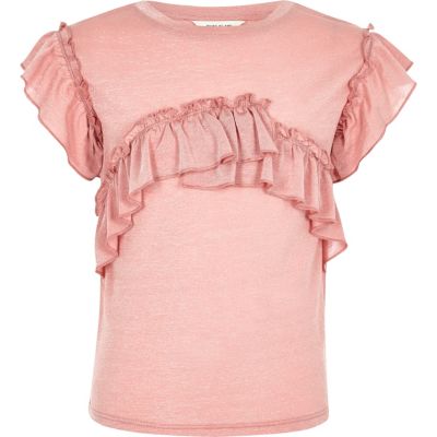 Girls pink marl frill T-shirt